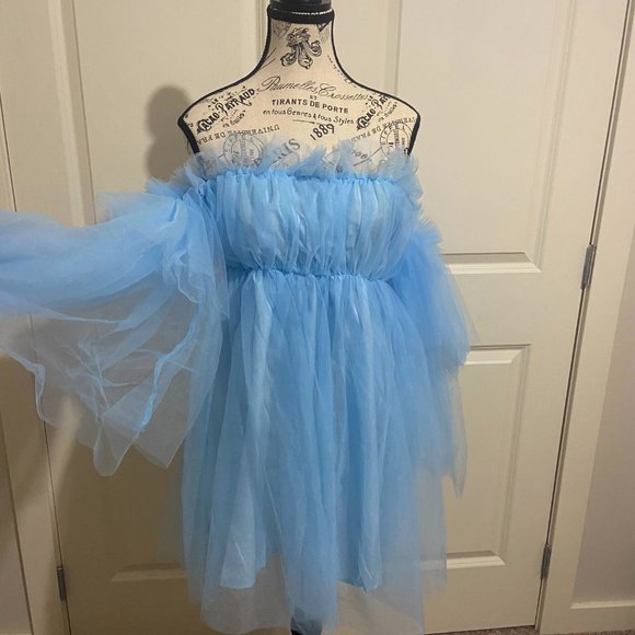 light blue lined tulle princess dress with off the shoulder sleeves - Picture 1 of 5